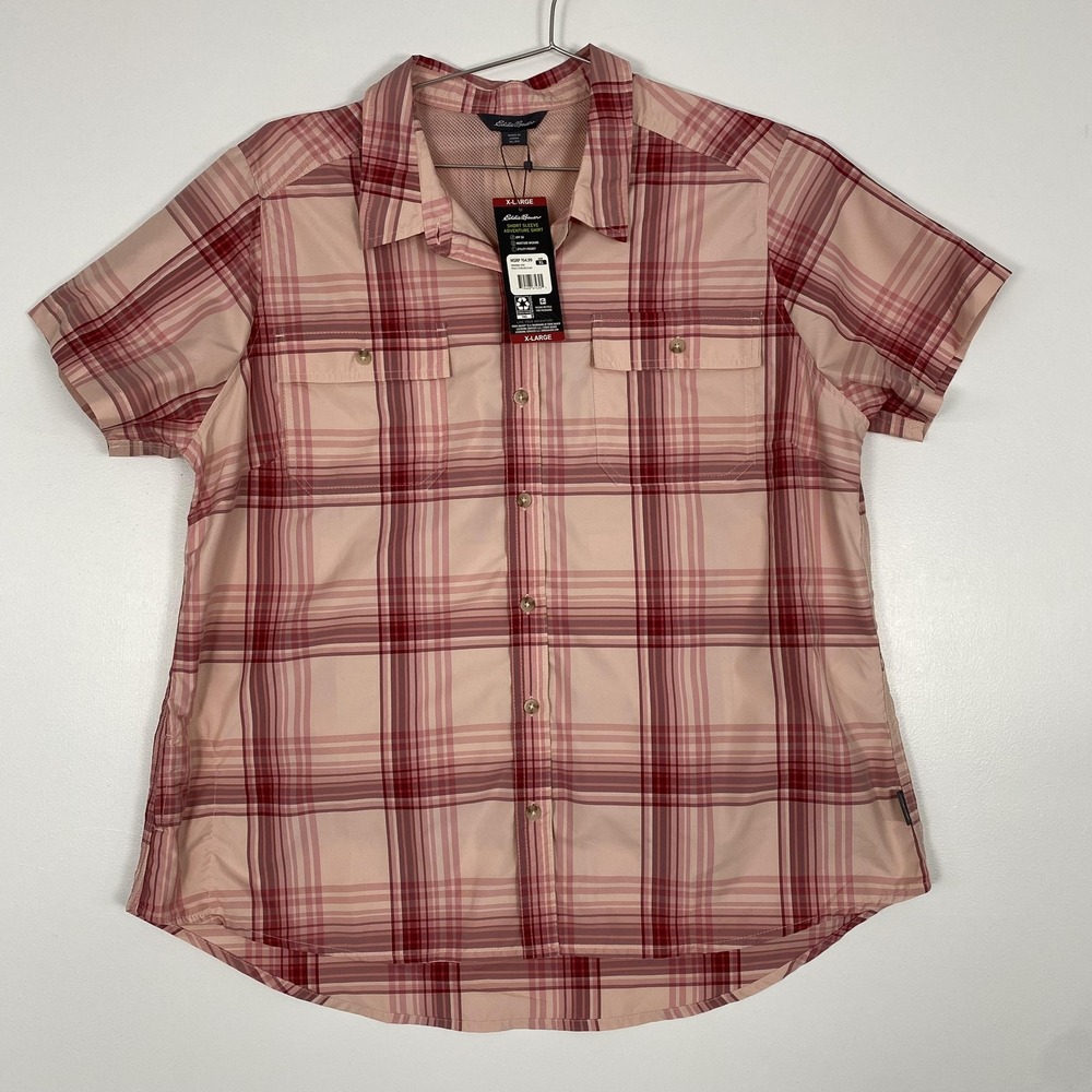 NWT Eddie Bauer Short Sleeve Adventure Shirt Womens XL Pink Plaid UPF 50 Hiking